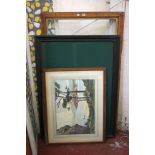 A large green baize covered notice board, a large picture frame and two framed colour prints (4)