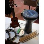 17 metal Doumbek drum by Gawharet El Fan (in case), with assorted instruments, drumsticks and guitar