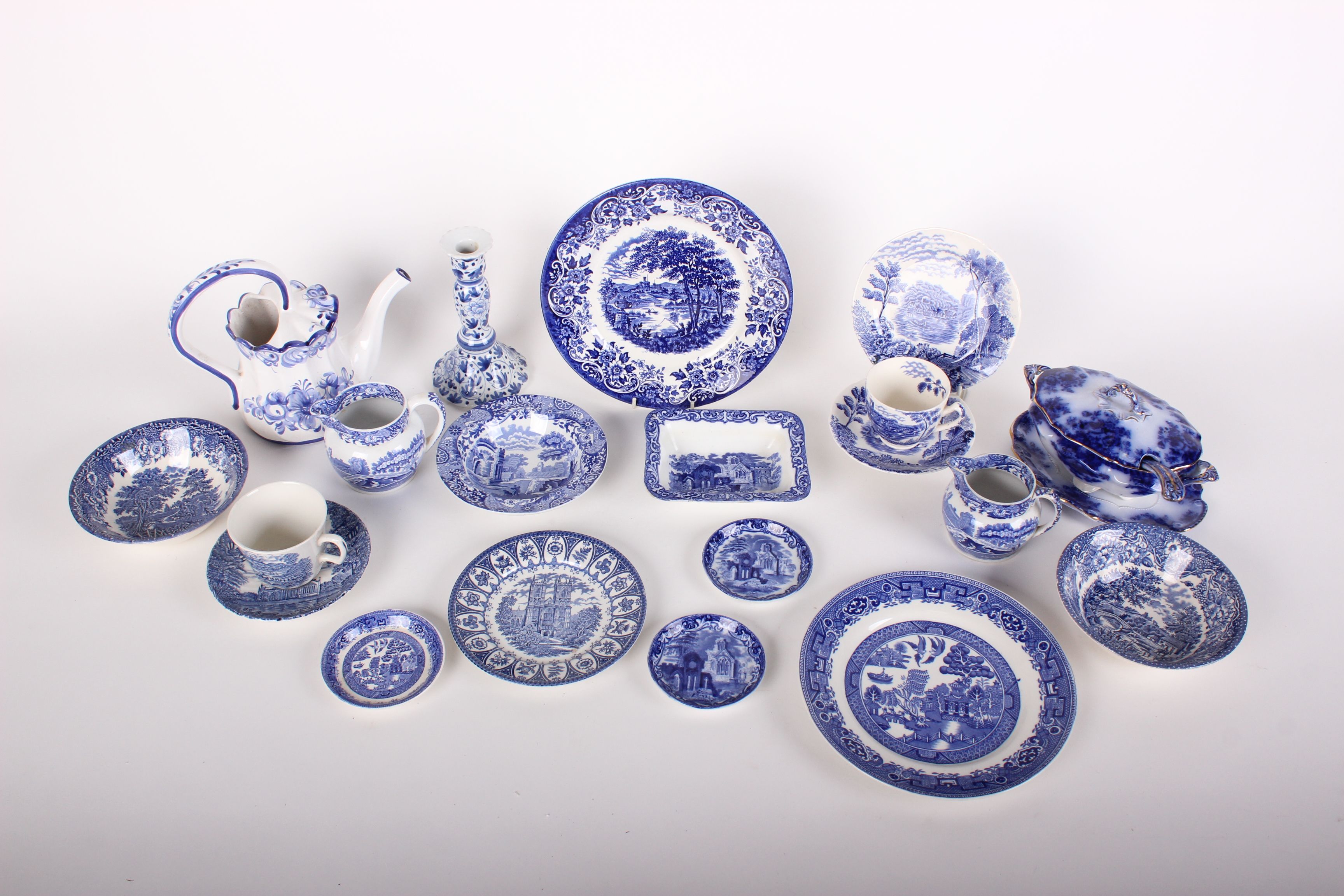 A collection of blue and white china including Spode Italian, gaudy welsh tween and stand and
