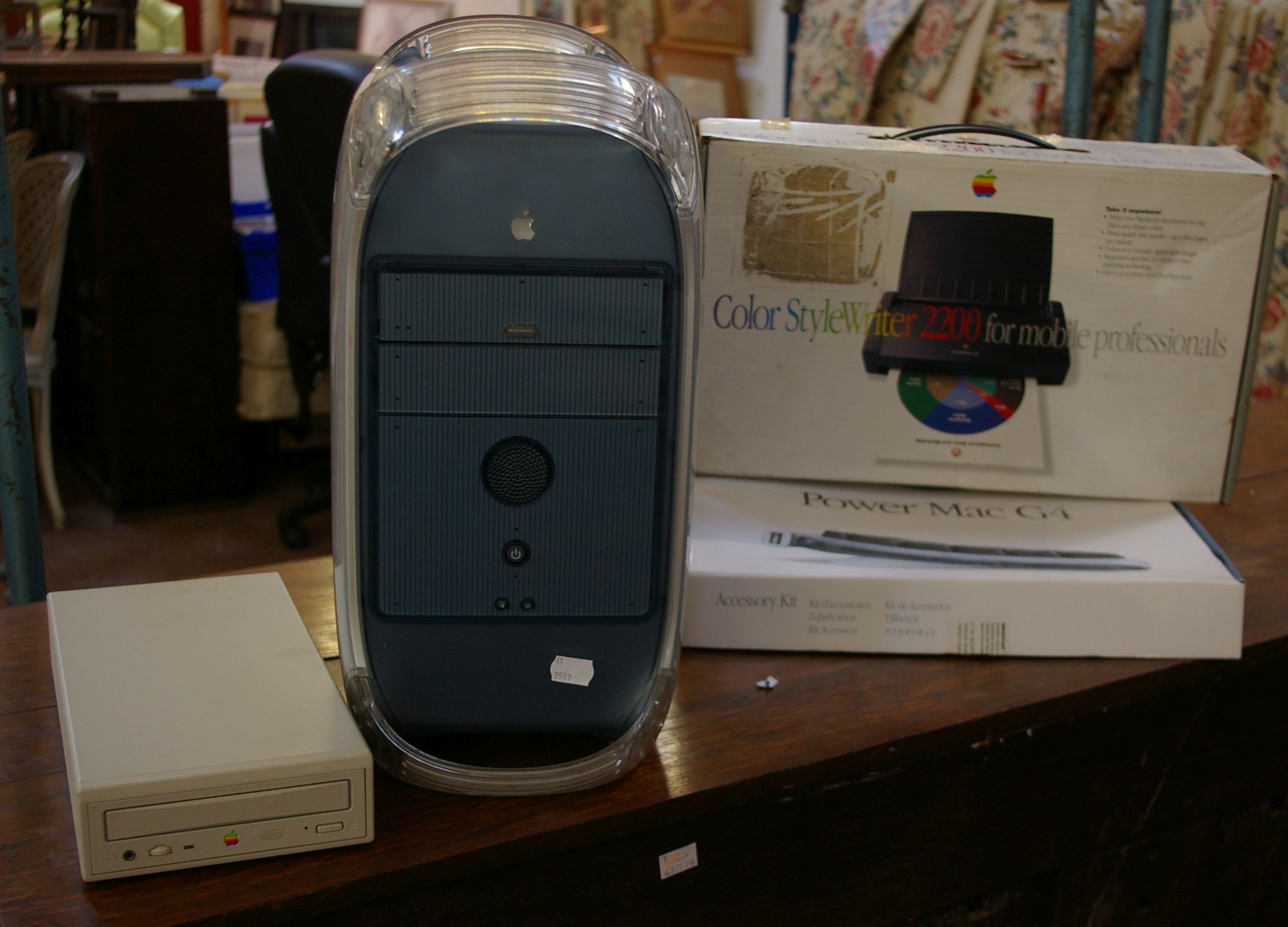 Apple Power Mac G4 computer (hard drives removed), Apple CD drive and Apple Color Stylewriter 2200