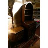 An oak narrow arch top dresser with open shelf back (77cm wide) and a similar shaped side table