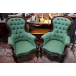 A good near pair of Victorian mahogany spoon back armchairs upholstered in pale green fabric (as new
