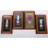 Four mounted and framed reproduction medals: Waterloo, Naval General Service (1793) South