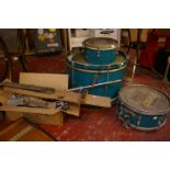 Assorted vintage instruments, to include drums, table harp and Rosedale electronic chord