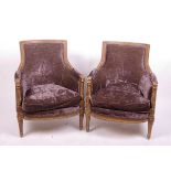 A pair of French armchairs with velvet upholstery and squab cushions