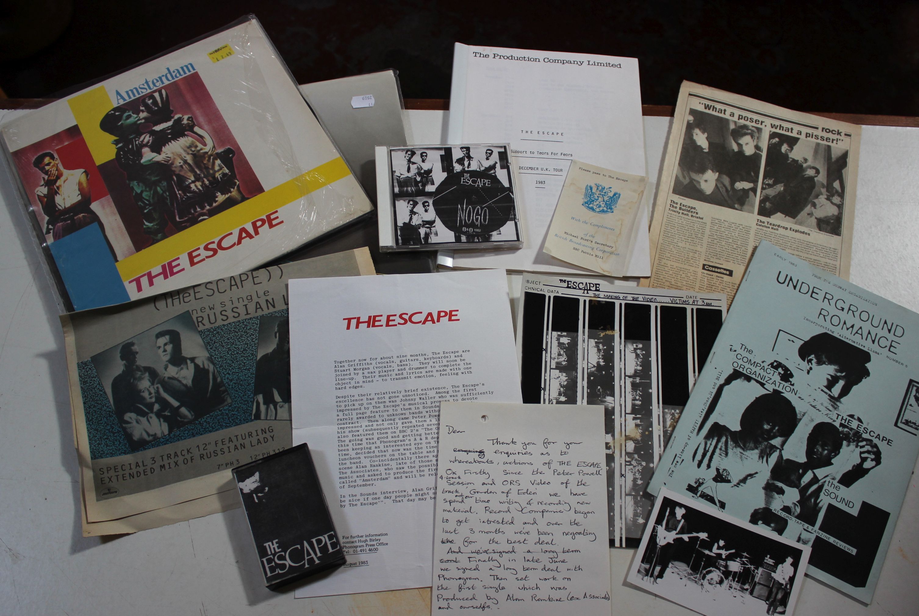 Ephemera relating to Bristol-based band The Escape, including photographs, fan mail, gig and tour