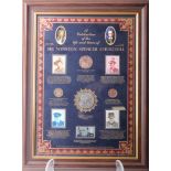 Two framed presentation sets; Churchill 50th Anniversary incorporating 4 coins and 5 stamps (