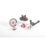 Two Royal crown Derby (LU111) bird ornaments, a rein sculpture of a deer with fawn, three