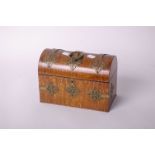 A Victorian burr elm arch top stationery box with brass mounts, lacking interior, 23cm wide