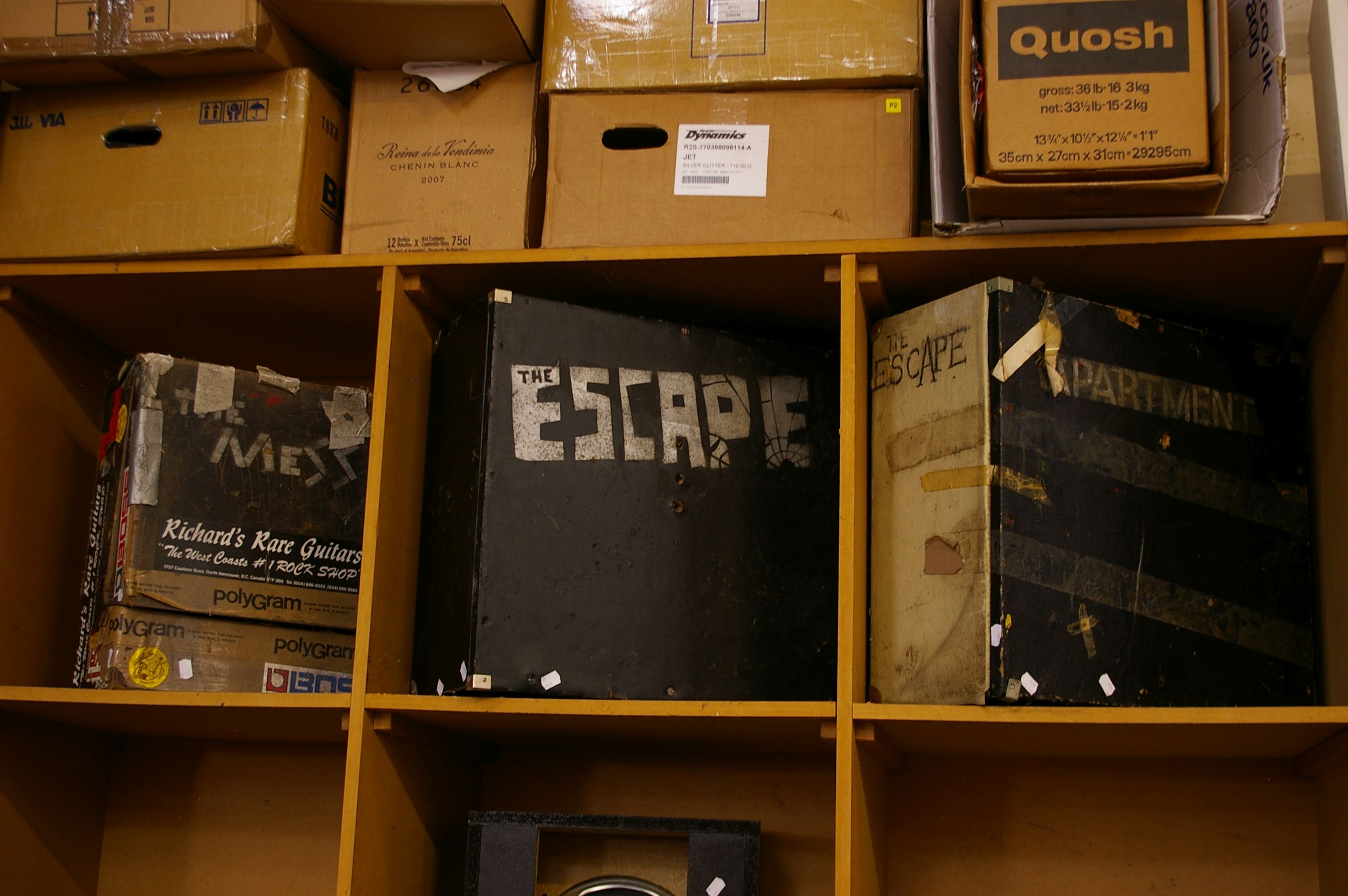 Two speaker boxes used in early 1980s gigs by Bristol bands Apartment and The Escape, together