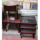 A nest of table with smoke glass tops, a similar coffee/lamp table and a 1940's sewing table with