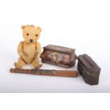 A truncheon with four Auction mountain plaques two tins, a vintage teddy bear (play worn) and a