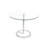 A circular glass table on chrome base 59cm high, 80cm diameter