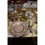 A mixed lot including pair of brass table candlesticks, copper kettle, dressing table set, etc