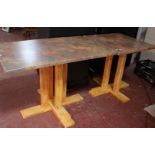 Two Deco style dining/side tables, faux marble finish, 110cm and 70cm wide