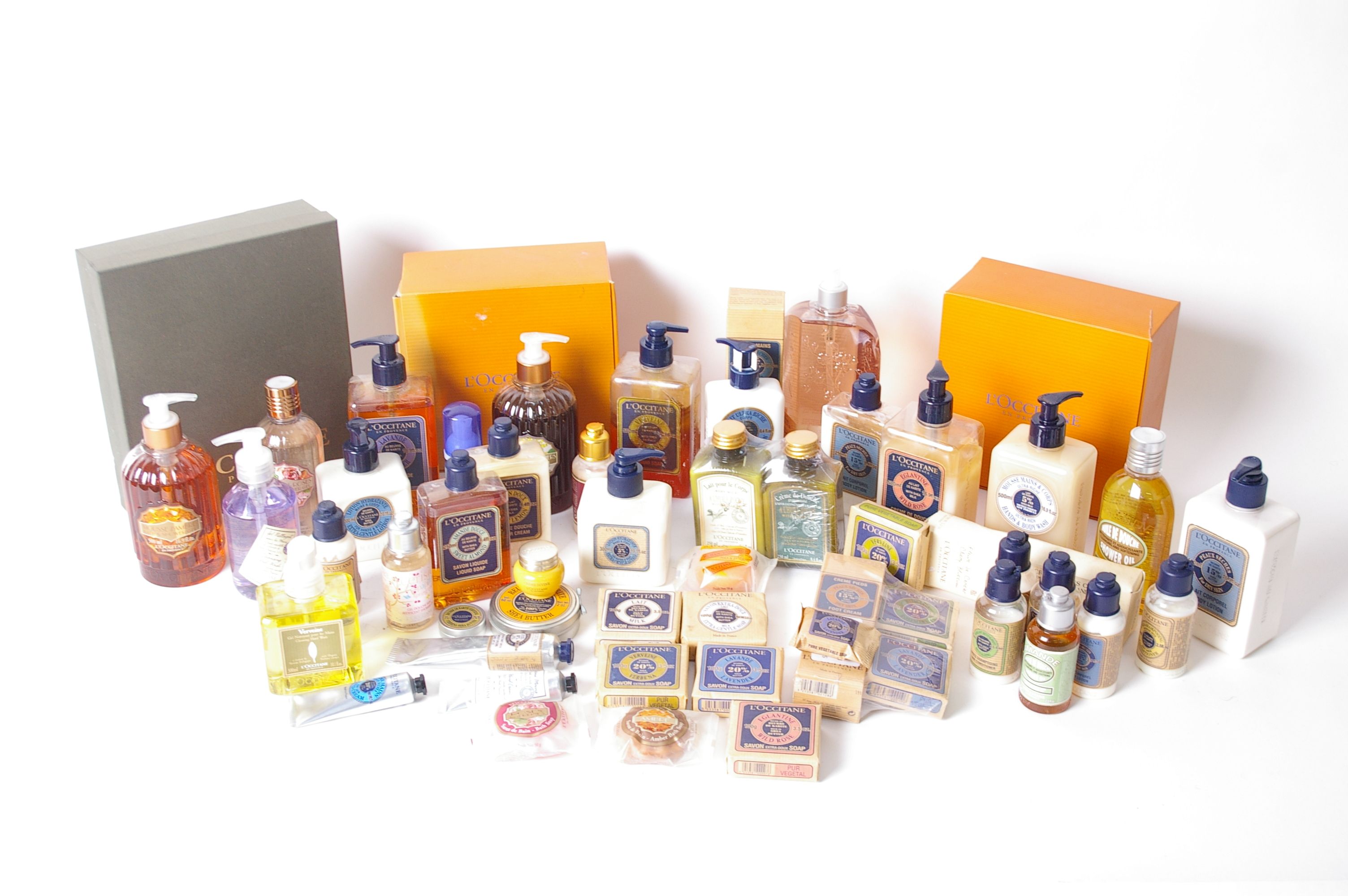 A large quantity of L'Occitane skincare products, as new and some part-used, to include three gift