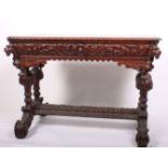 A Victorian oak centre table in the 17th century style well carved with lion heads and scrolls,