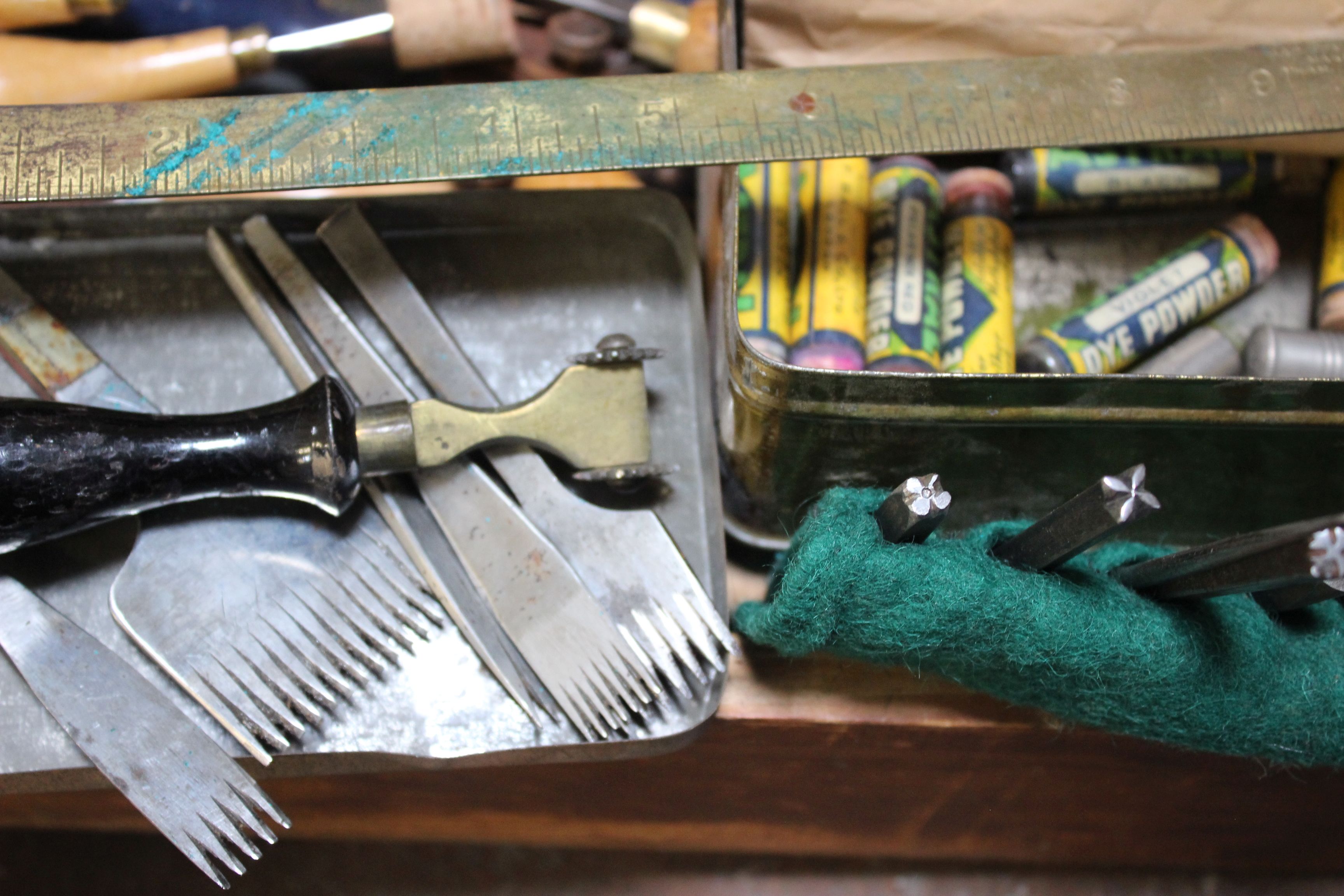 Leather working tools: a box containing specialist knives, punches, creasers, spoke shave, etc., - Image 2 of 3