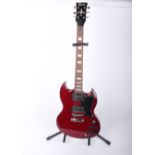 An Encore (Guitar Tech) electric guitar, maroon finish, 102cm, with stand and a Kinsman guitar