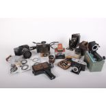 Cameras: a collection including Pentax Asahi Spotmatic, Kodak Compur in leather case, Brownie