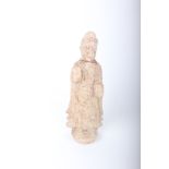 A Chinese stone statue, a figure dressed in robe with hands out stretched. Veined hard stone.