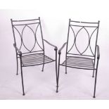 A set of four iron chair frames with slat seats, 53cm wide