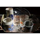 Breweriana: pewter and other tankards, together with engraved glass paperweight, brass kettle stand,