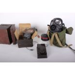 Two respirators: one WW2 in wooden box with other contemporary in shoulder bag, two Morse