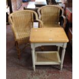 A pair of modern woven cane open armchairs and one similar occasional table