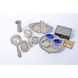 Silver plate to include a Chinese silver plate dressing table set, platters, flatware and a lacquer