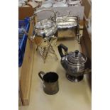 A silver plate kettle on stand with burner, stamped Hinks, teapot and a Staniforth's Patent warmer