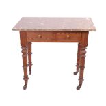 A marble topped pitch pine washstand with two short drawers raised on turned legs and castor feet.