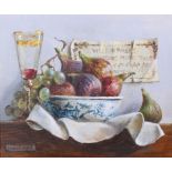 Deborah Jones (1921-2012)Figs and GrapesOil on canvasLabel verso, signed lower left 24 x 29cm