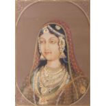 Indian School Portrait of a Bejewelled Lady Painting adorned with coloured gemstones and bordered