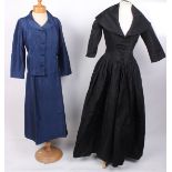 A blue velvet jacket trimmed with striped fabric; a black Taffeta mid 20th Century full-length front