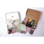 1920s painted silk chocolate box containing lace, ribbon and trimmings, including Brussels point