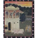 An early 20th Century Indian painting on silkFigures and cattle in a landscape114 x 88cm