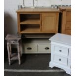 A painted wooden side unit, a light oak side unit, with a two drawer chest and an occasional table