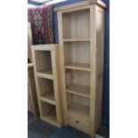 Two wooden bookcases (h: 180cm w: 60cm d: 32cm and h: 132cm w: 48cm d: 40cm), with a corner TV/