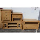 A group of light oak furniture with square bronze-effect knobs, to include a low TV/entertainment