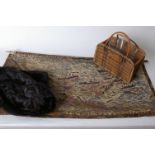 A 1950s dark mink stole, a vintage wicker shopping basket, a modern Venetian velvet wall hanging