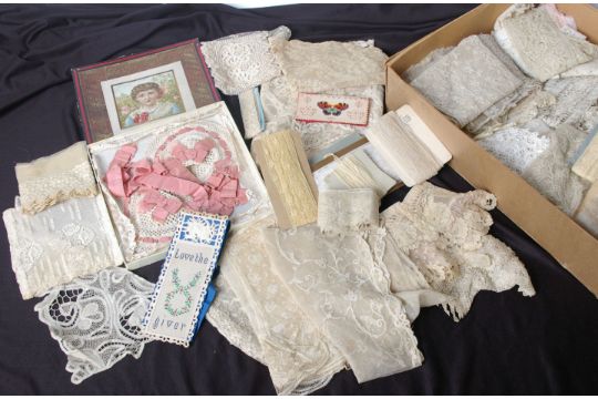 Two boxes of late 19th and early 20th Century black and cream lace and accessories, including a - Image 1 of 3