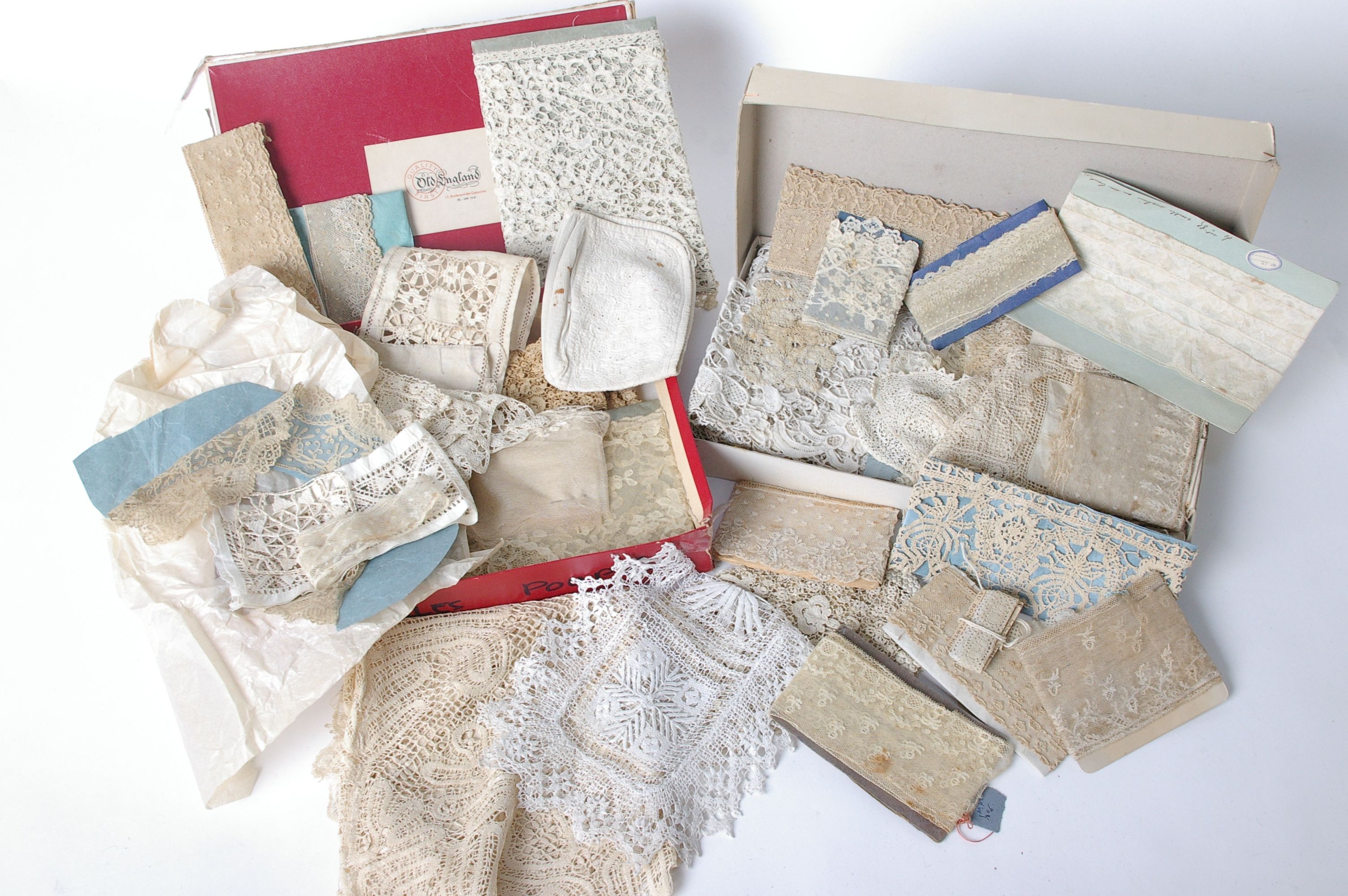 Two boxes of 18th and 19th Century lace, to include early 19th Century Alencon, Mechlin, an Irish