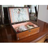 A 19th century rosewood and mother of pearl inlaid jewellery box, containing costume jewellery