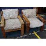 A four piece oak upholstered suite with slat back and loose cushions