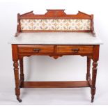 A Victorian marble top and tile back mahogany washstand 107cm high, 105cm wide