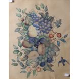 A framed Victorian collage depicting a butterfly, bird and grape arrangement, mixed media, 51 x