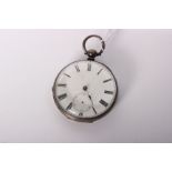 A silver open faced pocket watch, key wind with white enamel face and Roman numeral markers. Case