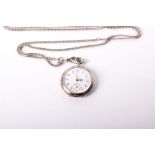 A silver open faced pocket watch with white 34mm face with Arabic markers and subsidiary second dial