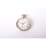 A 9ct gold open faced pocket watch by Hamilton USA. Crown wind with 42mm white enamel face and Roman